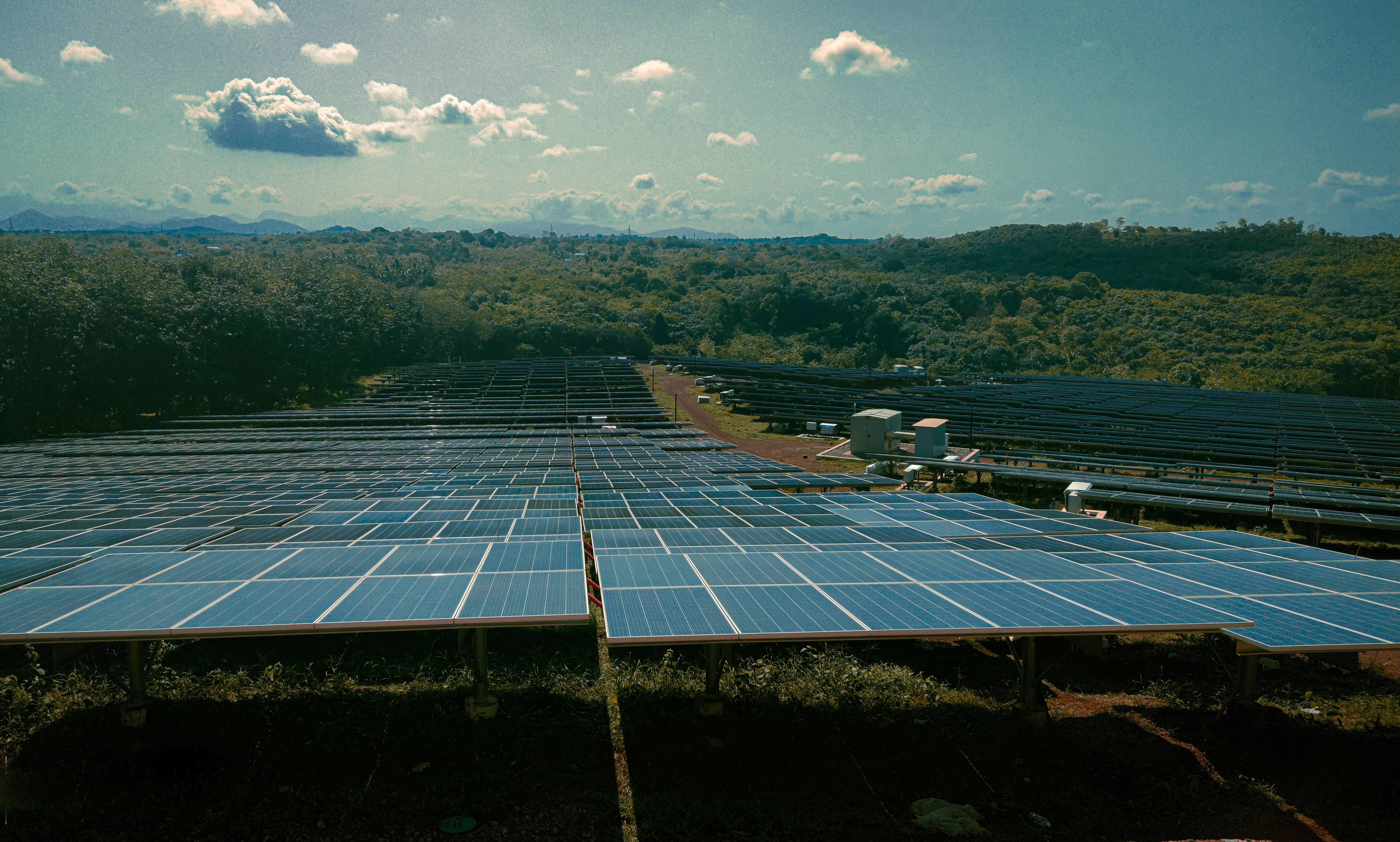 Solar and power infrastructure at golden hour